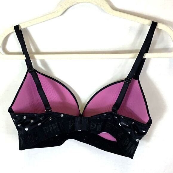 PINK Victoria’s Secret Black Silver Dot Detail Wireless Push-Up Bra Size 36C - Picture 3 of 8